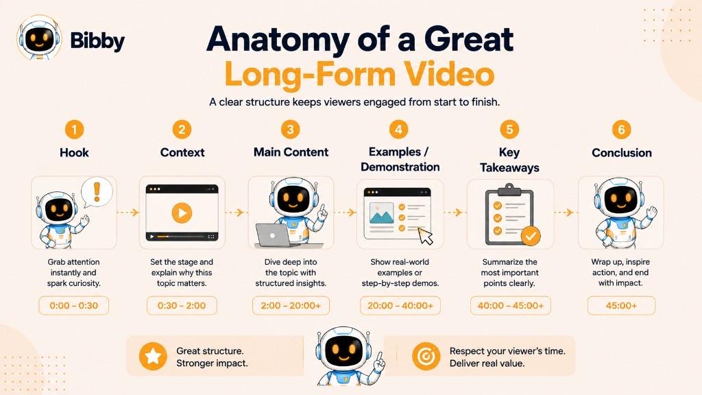 Infographic titled Anatomy of a Great Long-Form Video showing hook, context, main content, examples, takeaways, and conclusion.