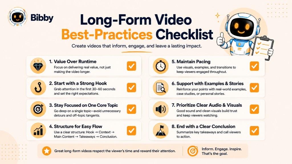 Infographic titled Long-Form Video Best-Practices Checklist covering value over runtime, a strong hook, one core topic, structure, pacing, examples, audio and visuals, and a clear conclusion.