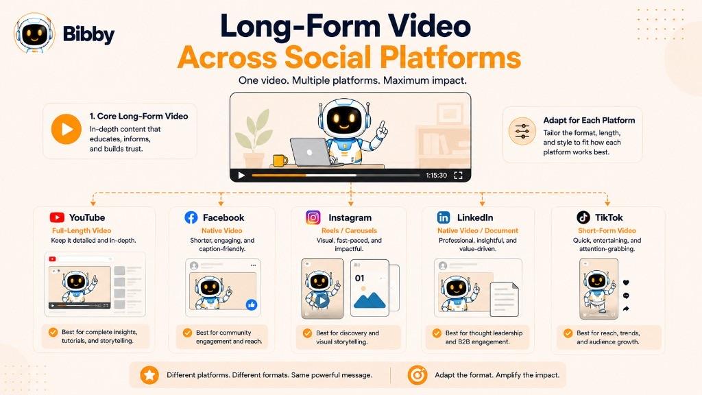 Infographic titled Long-Form Video Across Social Platforms showing how one long video can be adapted for YouTube, Facebook, Instagram, LinkedIn, and TikTok.