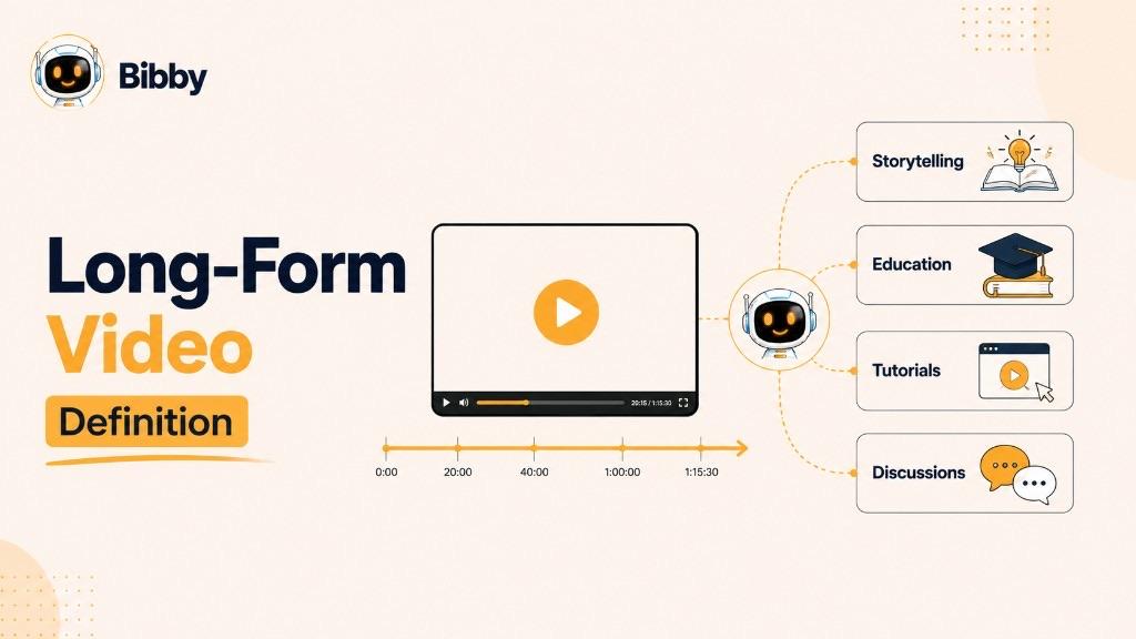 Infographic titled Long-Form Video Definition showing a long video timeline and four uses: storytelling, education, tutorials, and discussions.