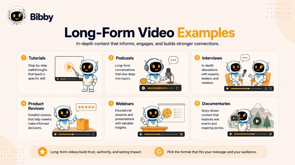 Infographic titled Long-Form Video Examples showing tutorials, podcasts, interviews, product reviews, webinars, and documentaries.