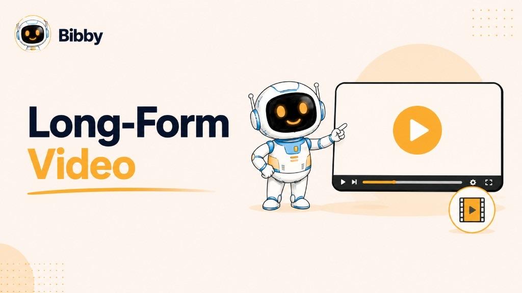 Bibby robot pointing at a video player with a play button, titled Long-Form Video, with a filmstrip icon in the corner.