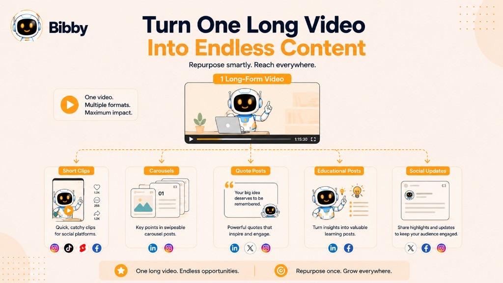 Infographic titled Turn One Long Video Into Endless Content showing short clips, carousels, quote posts, educational posts, and social updates made from one long-form video.