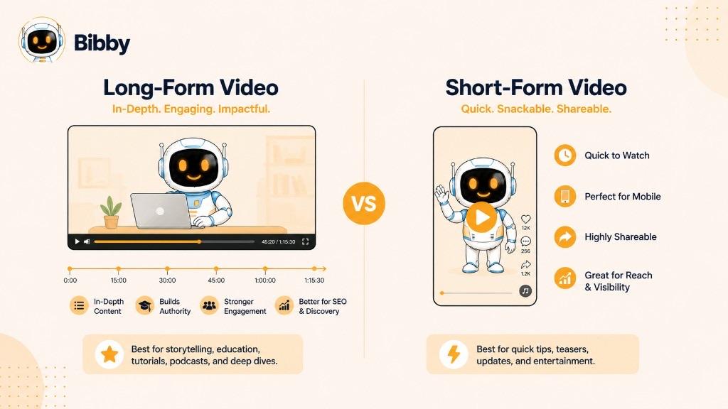 Infographic titled Long-Form Video vs Short-Form Video comparing in-depth landscape video with quick, shareable vertical video for mobile.