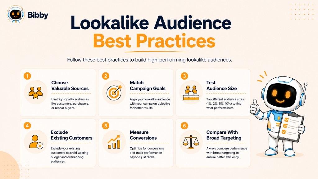 Infographic titled Lookalike Audience Best Practices covering valuable sources, campaign goals, audience size tests, excluding existing customers, measuring conversions, and comparing with broad targeting.