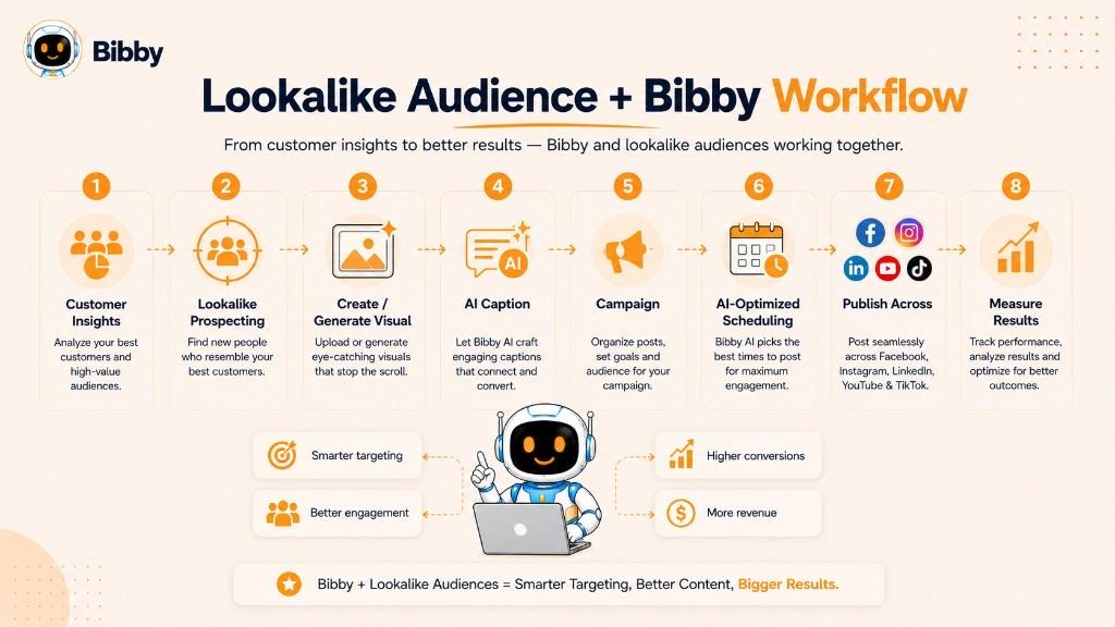 Infographic titled Lookalike Audience plus Bibby Workflow with steps from customer insights and lookalike prospecting through visuals, AI captions, campaigns, scheduling, publishing, and measuring results.