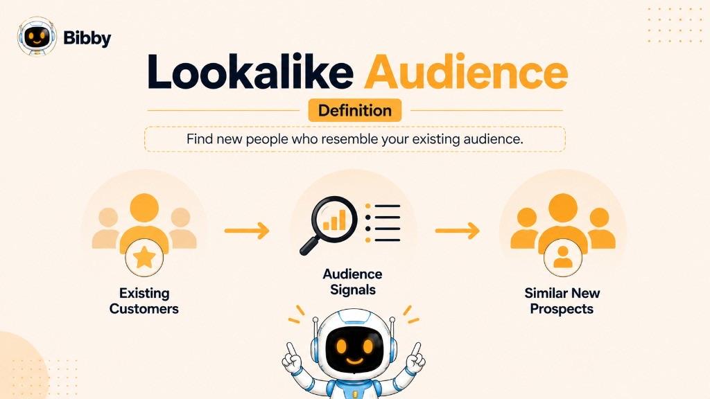 Infographic titled Lookalike Audience Definition showing existing customers, audience signals, and similar new prospects, with the line Find new people who resemble your existing audience.