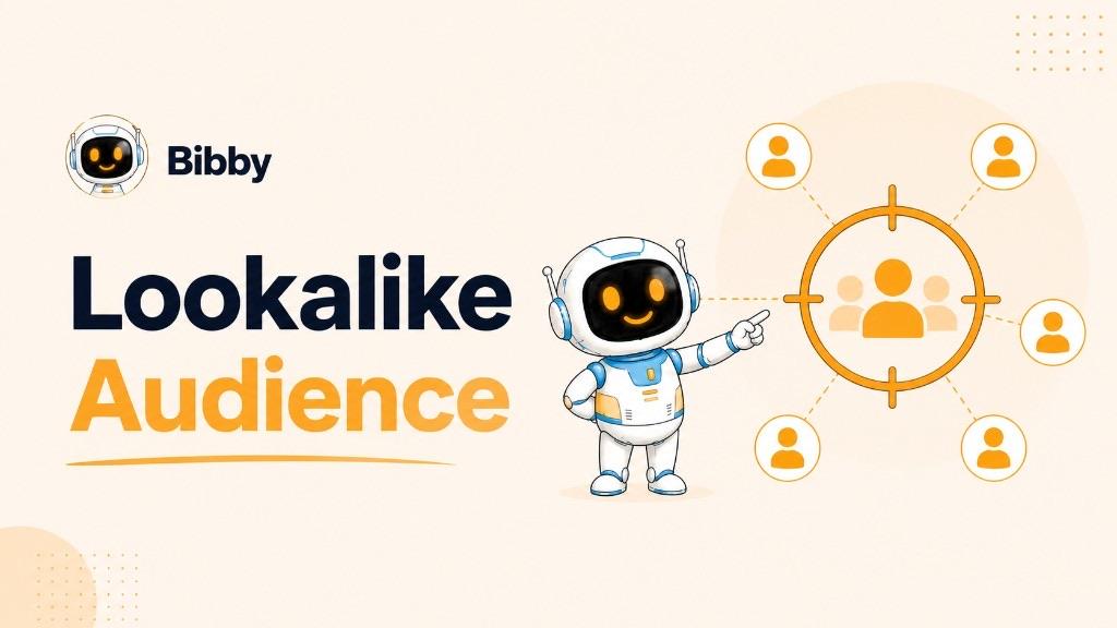 Bibby mascot pointing to a target graphic illustrating a lookalike audience, with a central source group connected by dashed lines to similar potential customers.