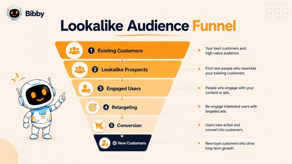 Infographic titled Lookalike Audience Funnel showing existing customers, lookalike prospects, engaged users, retargeting, conversion, and new customers.