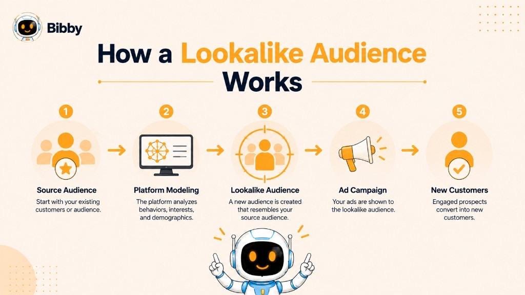 Infographic titled How a Lookalike Audience Works with five steps: source audience, platform modeling, lookalike audience, ad campaign, and new customers.