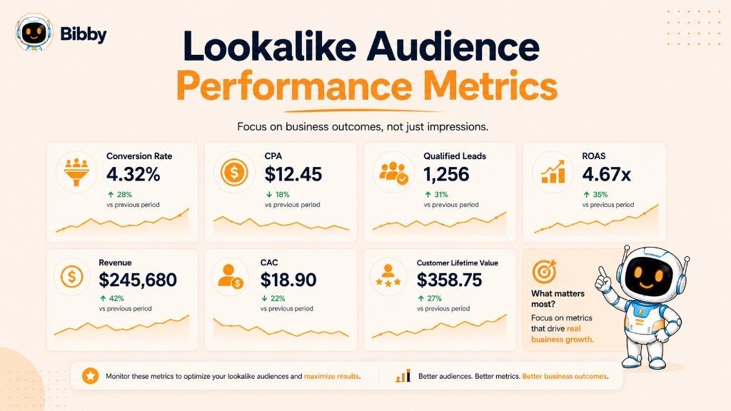 Illustration of lookalike audience performance metrics such as conversion rate, CPA, qualified leads, ROAS, revenue, CAC, and customer lifetime value.