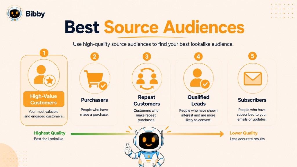 Infographic titled Best Source Audiences ranking high-value customers, purchasers, repeat customers, qualified leads, and subscribers along a quality spectrum.