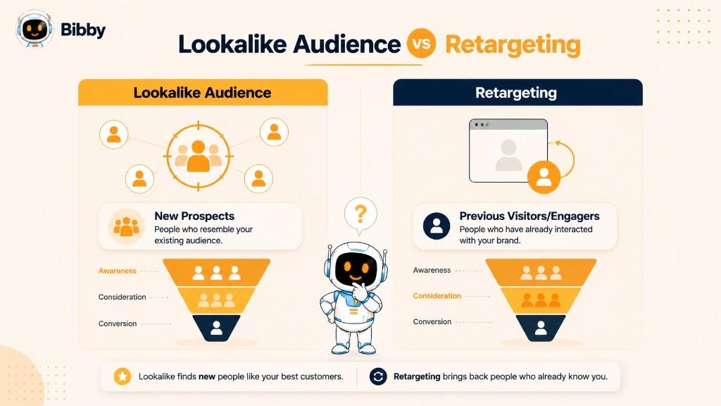 Infographic titled Lookalike Audience vs Retargeting comparing new similar prospects at the awareness stage with previous visitors at the consideration stage.