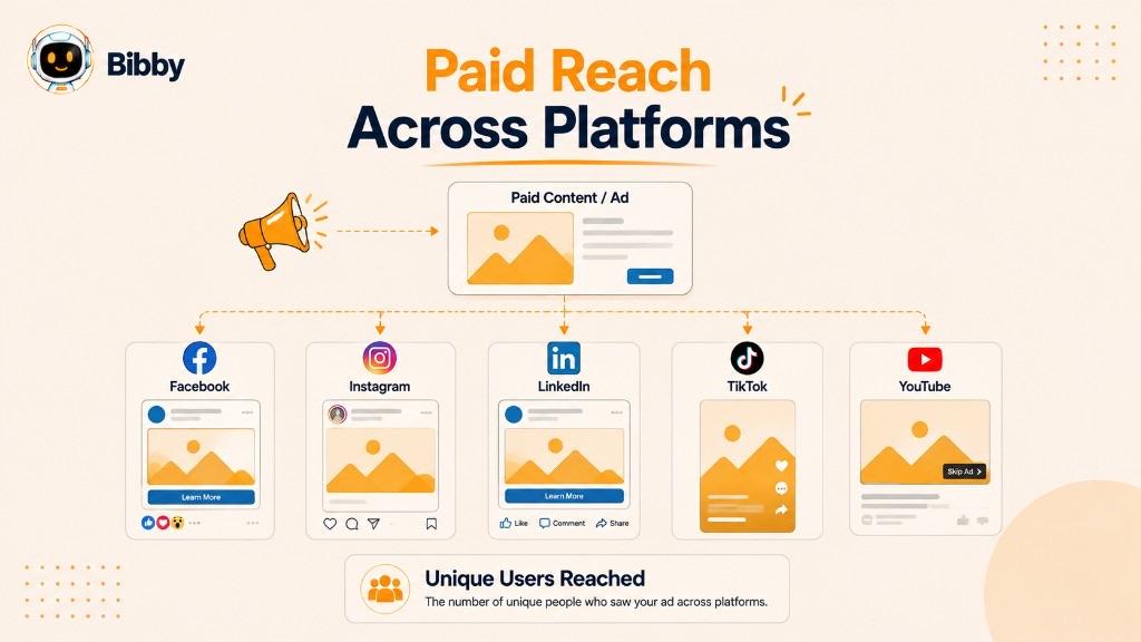 Infographic titled Paid Reach Across Platforms showing one paid ad branching to Facebook, Instagram, LinkedIn, TikTok, and YouTube mockups, then unique users reached.