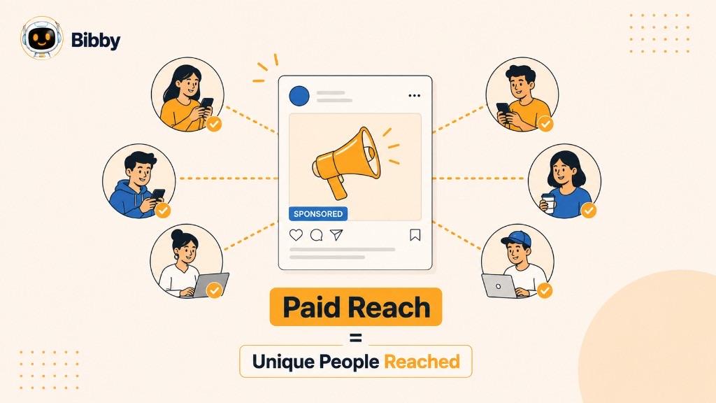 Infographic titled Paid Reach showing a sponsored megaphone post connected to unique people with checkmarks, and the formula Paid Reach = Unique People Reached.