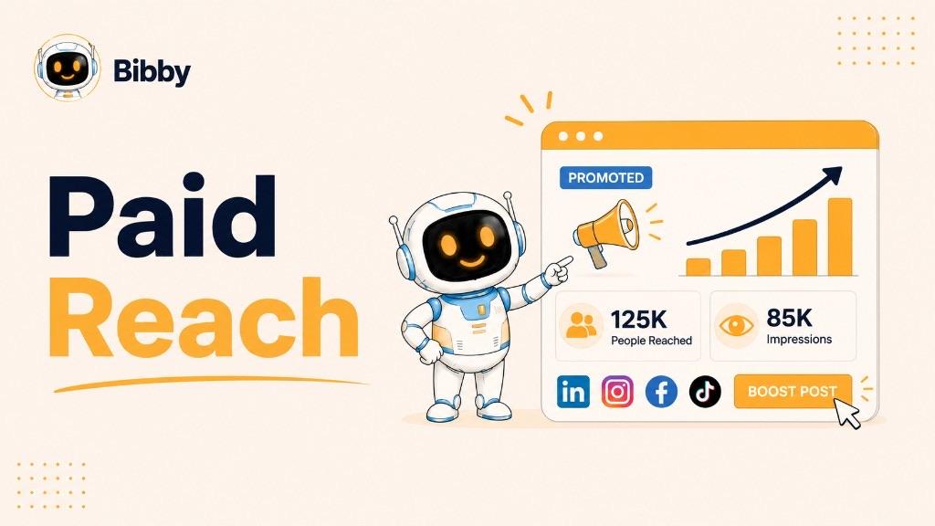 Bibby robot pointing at a promoted dashboard with sample 125K people reached, 85K impressions, and a Boost Post button beside the title Paid Reach. Sample numbers and the Boost control are illustrations—Bibby does not boost posts or report paid reach.