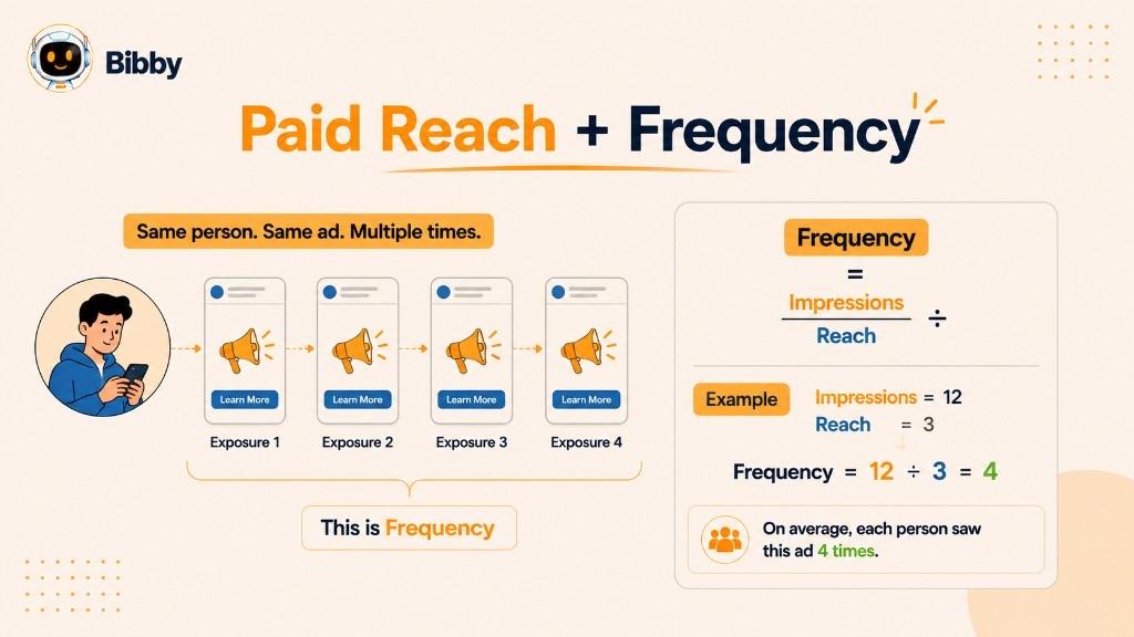 Infographic titled Paid Reach + Frequency showing the same person seeing an ad four times, with Frequency = Impressions ÷ Reach and an example of 12 ÷ 3 = 4. Sample numbers are illustrations.