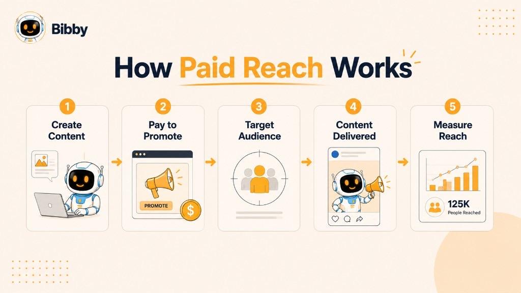 Infographic titled How Paid Reach Works with five steps: create content, pay to promote, target audience, content delivered, and measure reach. The 125K people reached figure is an illustration.