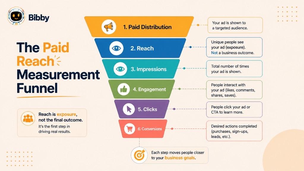 Infographic titled The Paid Reach Measurement Funnel from paid distribution through reach, impressions, engagement, clicks, and conversions. Reach is labeled as exposure, not a business outcome.