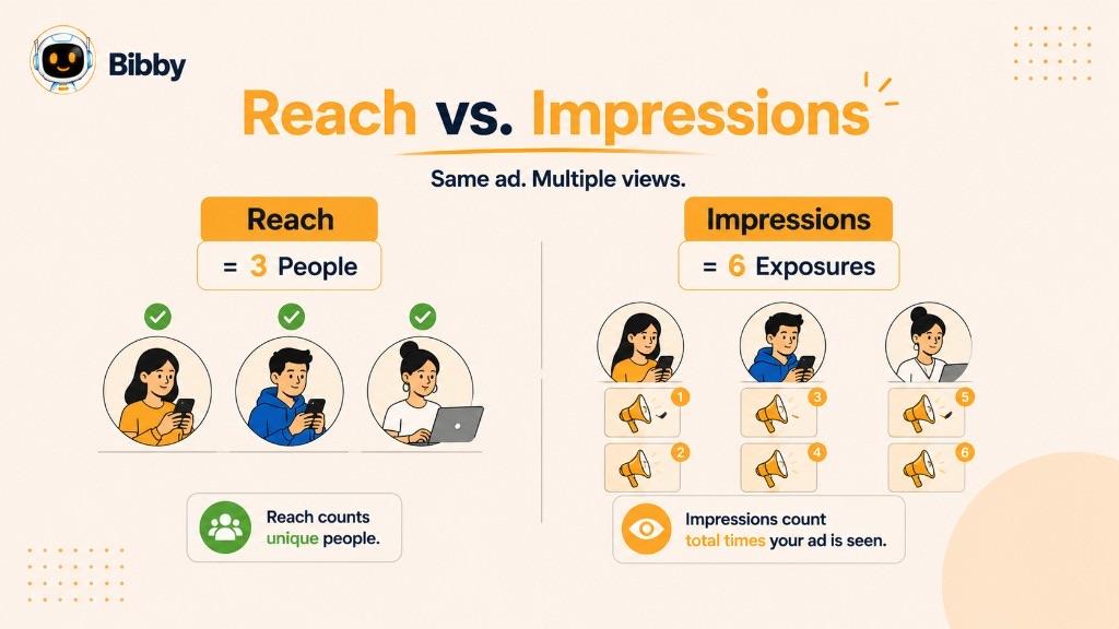 Infographic titled Reach vs. Impressions showing three unique people (reach = 3) versus six ad exposures (impressions = 6) for the same ad. Sample counts are illustrations.