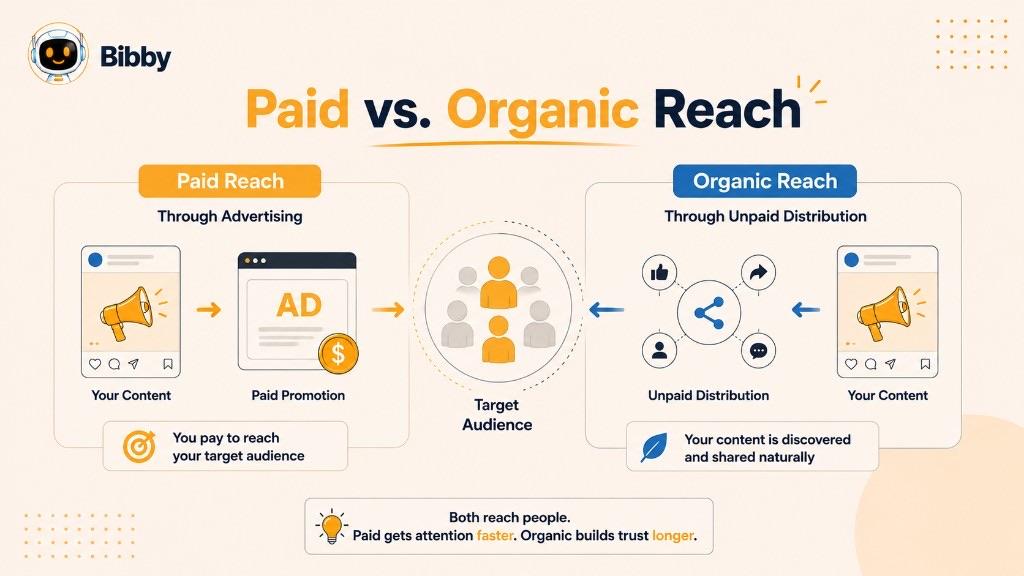 Infographic titled Paid vs. Organic Reach comparing advertising delivery to unpaid likes, comments, and shares, both pointing at a target audience.
