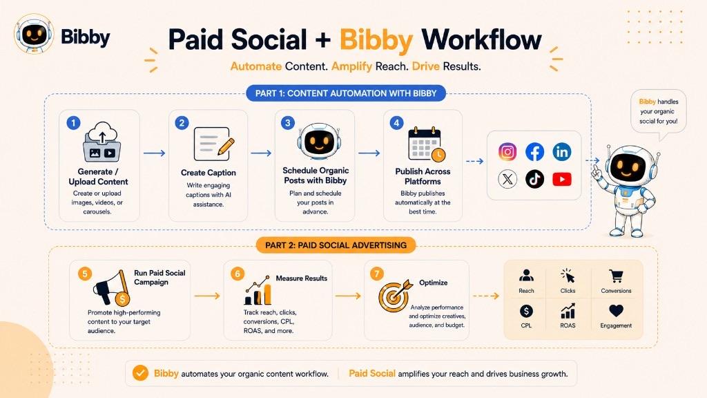 Infographic titled Paid Social + Bibby Workflow showing generate or upload content, AI captions, schedule organic posts, and publish, then a separate paid social path to run campaigns, measure, and optimize. Platform logos, metric tiles, and the phrase handles your organic social are illustrations—Bibby does not buy ads, pin X as a publishing channel, or replace ads analytics.
