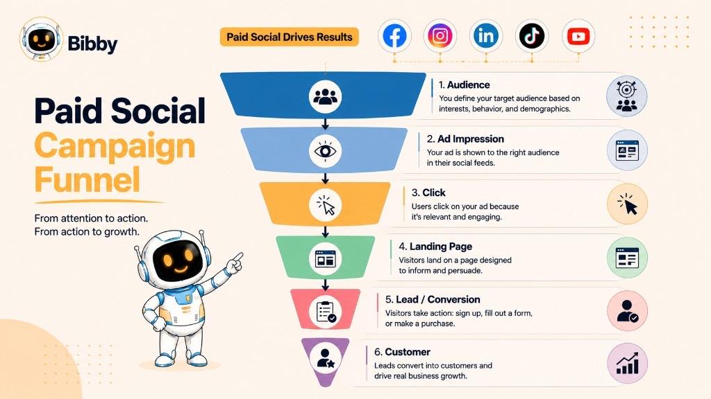 Infographic titled Paid Social Campaign Funnel from audience and ad impression through click, landing page, lead or conversion, and customer.