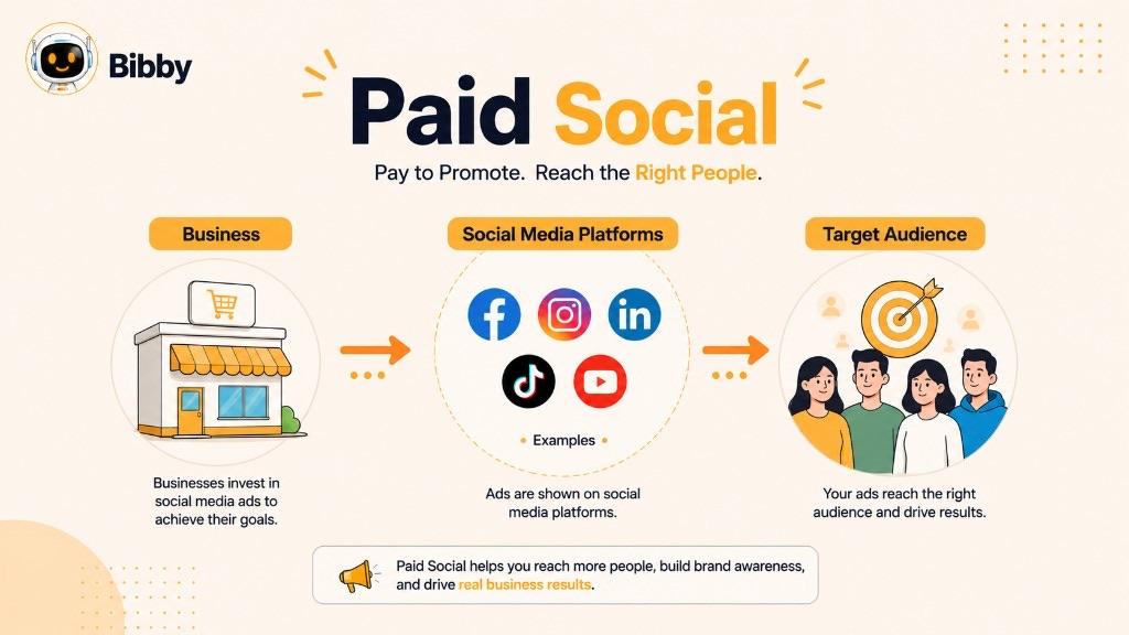 Infographic titled Paid Social showing a business paying for ads, social platforms including Facebook, Instagram, LinkedIn, TikTok, and YouTube, and a target audience.