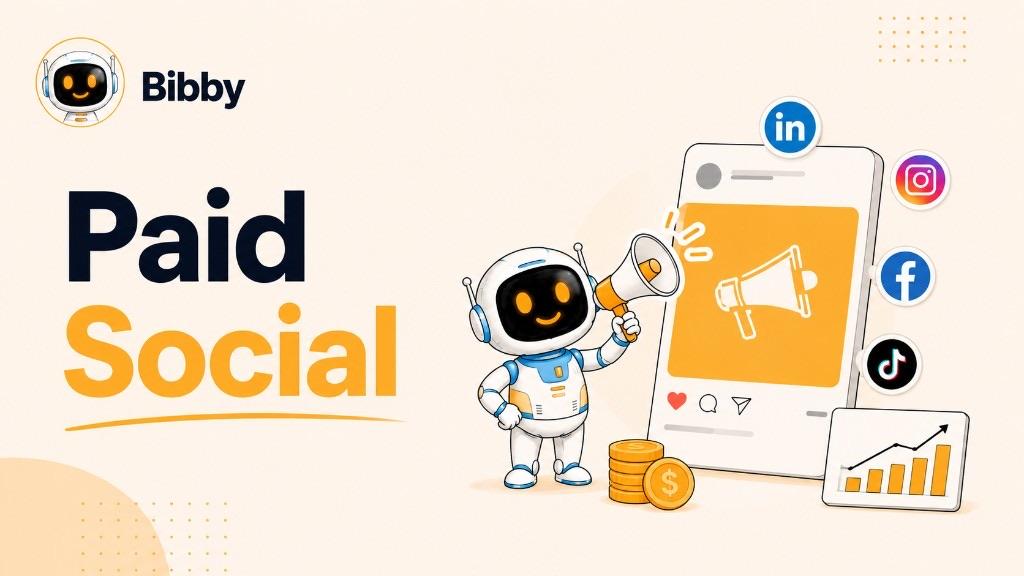 Bibby robot holding a megaphone toward a smartphone ad, with Facebook, Instagram, LinkedIn, and TikTok icons, coins, and a growth chart beside the title Paid Social.
