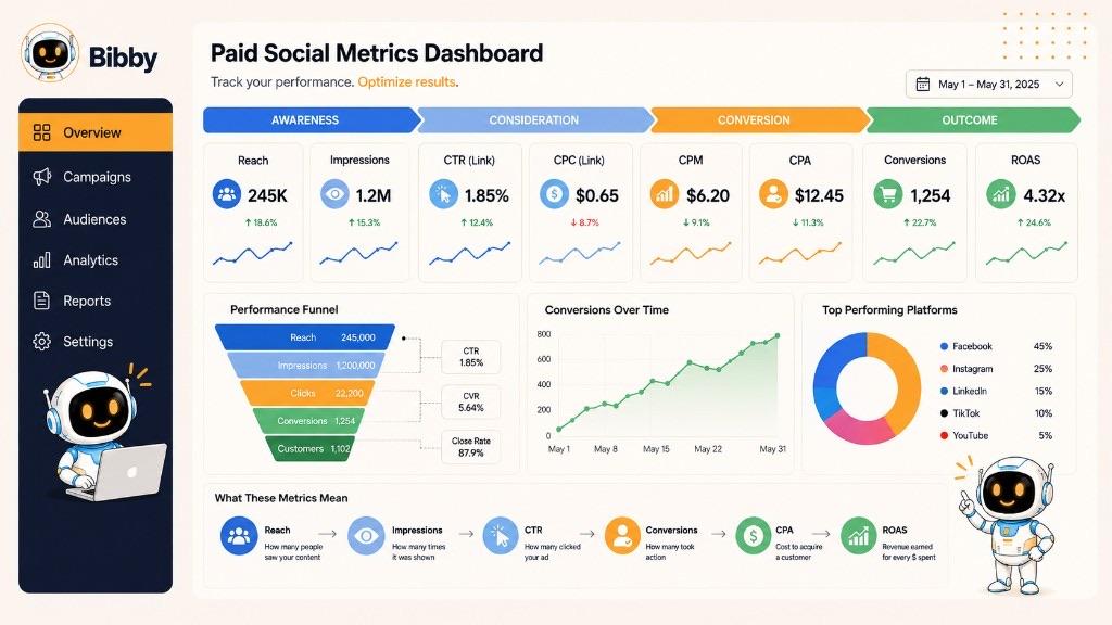 Mock dashboard titled Paid Social Metrics Dashboard with sample reach, impressions, CTR, CPC, CPM, CPA, conversions, and ROAS. The layout, menu, and numbers are illustrations—Bibby does not provide a paid social ads dashboard.