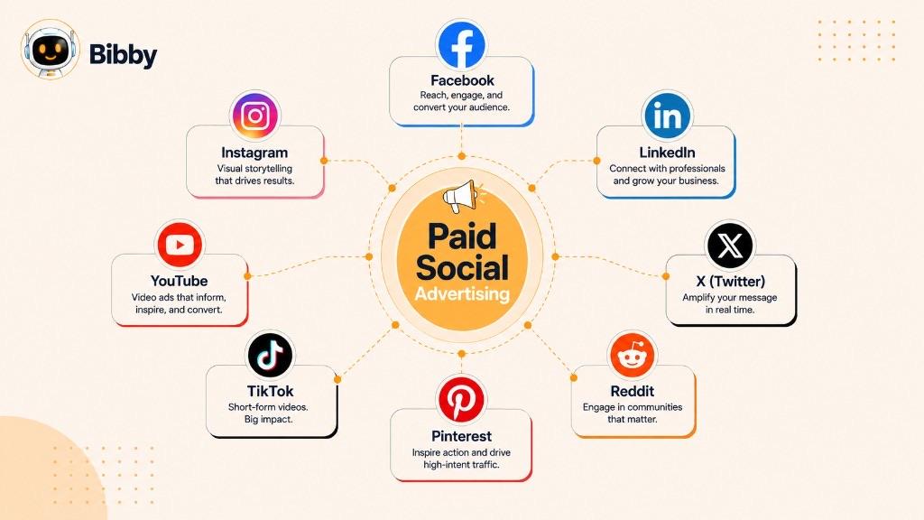Infographic titled Paid Social Advertising with Facebook, Instagram, LinkedIn, TikTok, YouTube, Pinterest, Reddit, and X around a central paid advertising hub.