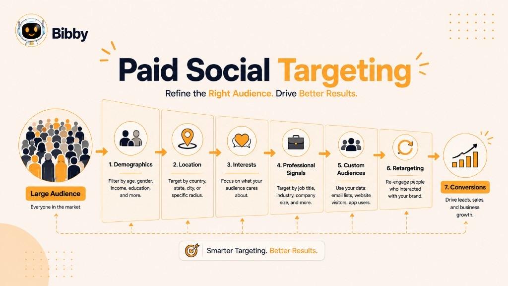 Infographic titled Paid Social Targeting narrowing a large audience through demographics, location, interests, professional signals, custom audiences, and retargeting toward conversions.