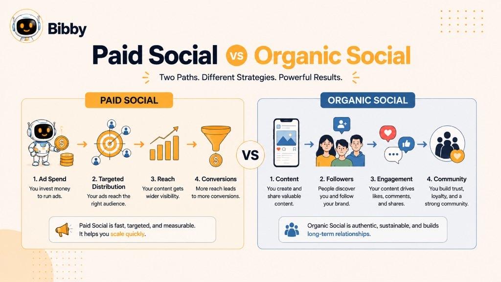Infographic titled Paid Social vs Organic Social comparing ad spend, targeted distribution, reach, and conversions with content, followers, engagement, and community.