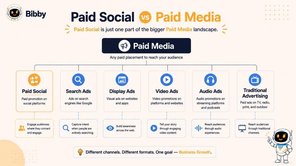 Infographic titled Paid Social vs Paid Media showing paid social as one branch of paid media alongside search, display, video, audio, and traditional advertising.