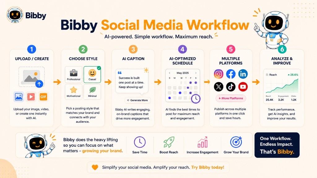 Infographic titled Bibby Social Media Workflow from upload and posting style through AI captions, scheduling, and multi-platform publish. Sample reach charts, X as a channel, and Analyze dashboards in the graphic are illustrations—Bibby does not replace native analytics or guarantee reach.