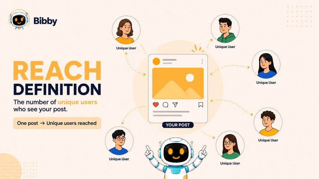Infographic titled Reach Definition showing one social post connected to six unique-user avatars, with the caption The number of unique users who see your post.