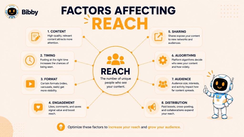 Infographic titled Factors Affecting Reach listing content, timing, format, engagement, sharing, algorithms, audience, and distribution around a central Reach definition.