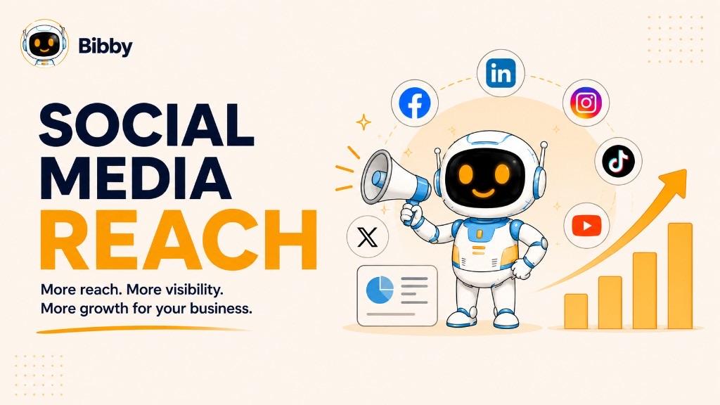 Bibby robot holding a megaphone beside Facebook, LinkedIn, Instagram, TikTok, YouTube, and X icons, a growth chart, and the title Social Media Reach.
