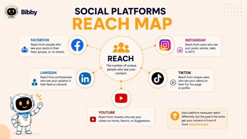 Infographic titled Social Platforms Reach Map with Facebook, LinkedIn, YouTube, TikTok, and Instagram around a central Reach definition. Labels are simplified—always check each platform's current analytics terms.