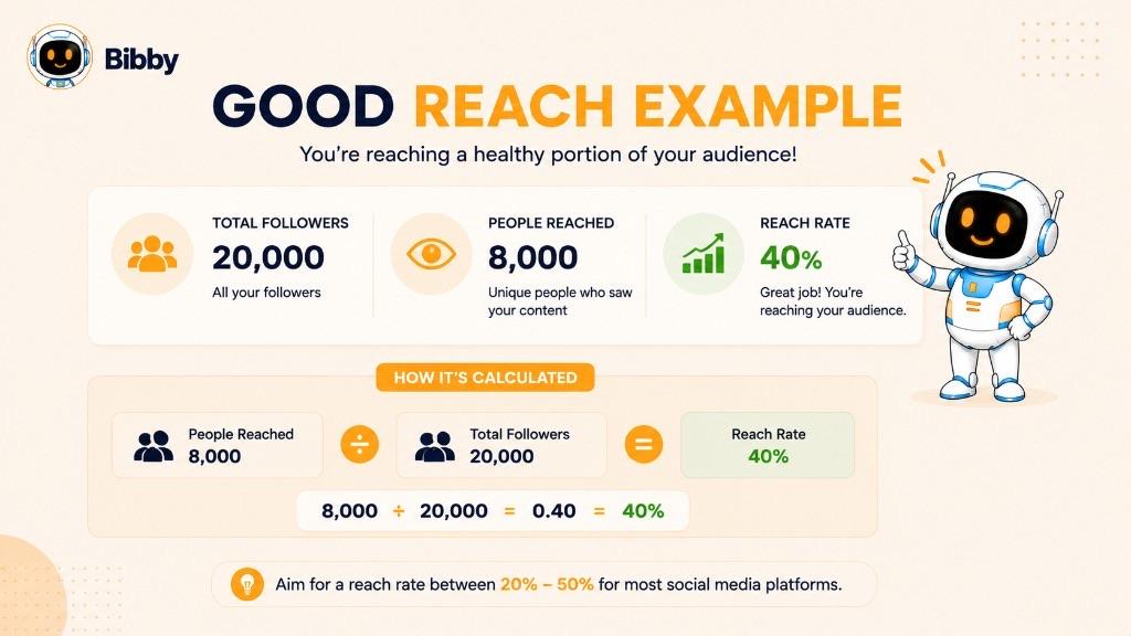 Infographic titled Good Reach Example showing 20,000 followers, 8,000 people reached, and a 40% reach rate. Sample numbers and the 20–50% range in the graphic are illustrations—not a universal benchmark.
