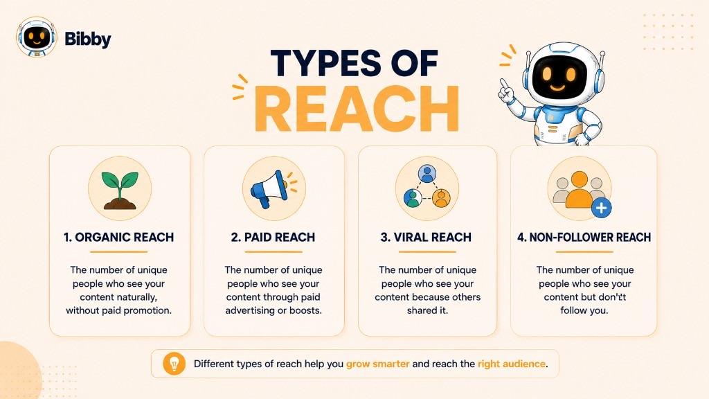 Infographic titled Types of Reach covering organic, paid, viral, and non-follower reach.