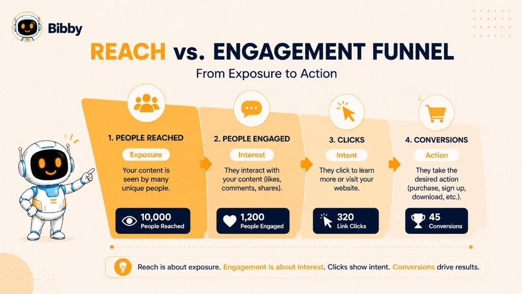 Infographic titled Reach vs Engagement Funnel from 10,000 people reached through 1,200 engaged, 320 clicks, and 45 conversions. Sample figures are illustrations, not a typical conversion rate.