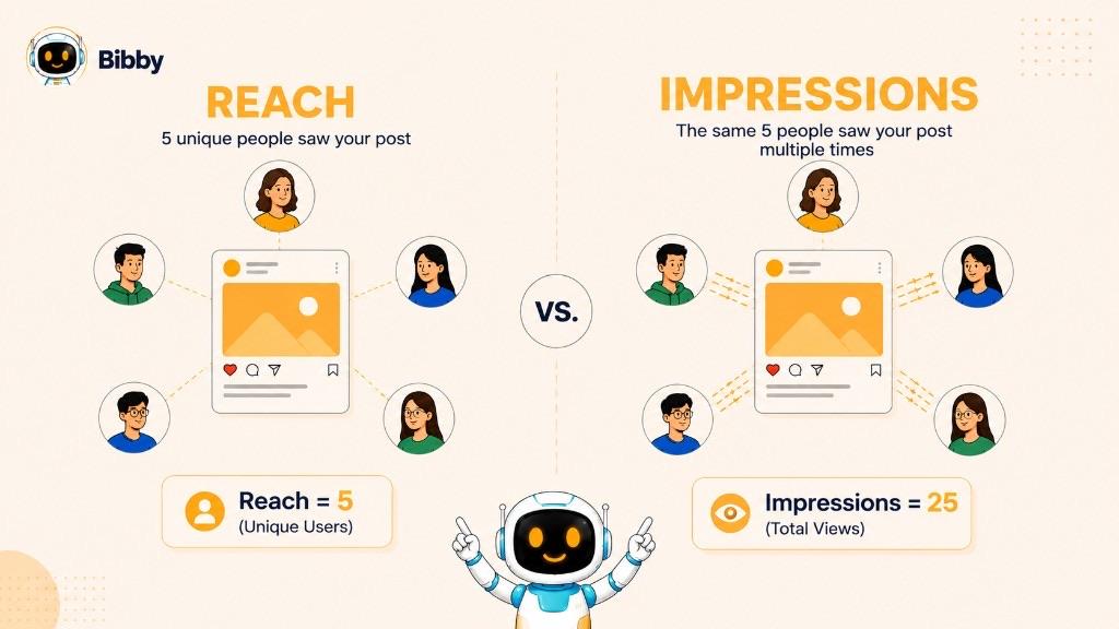 Infographic comparing Reach at 5 unique people with Impressions at 25 total views when those same people see the post multiple times. Sample numbers are illustrations.