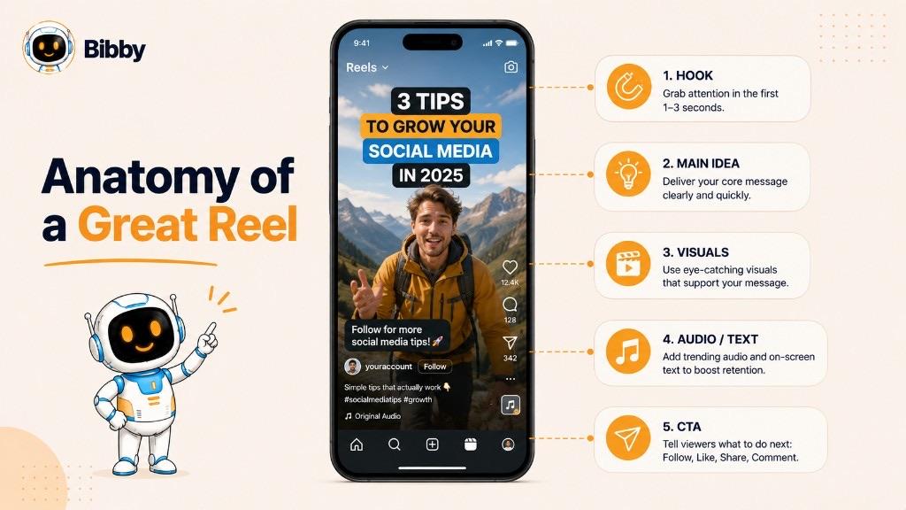 Infographic titled Anatomy of a Great Reel labelling five parts of a Reel on a phone screen: the hook in the first one to three seconds, the main idea, supporting visuals, audio and on-screen text, and a closing call to action.