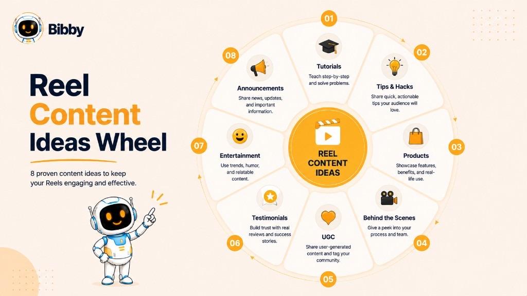 Circular infographic titled Reel Content Ideas Wheel with eight segments: tutorials, tips and hacks, products, behind the scenes, user-generated content, testimonials, entertainment, and announcements.