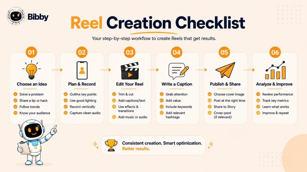 Six-column checklist titled Reel Creation Checklist covering choosing an idea, planning and recording, editing, writing a caption, publishing and sharing, and analyzing to improve, with sub-tasks under each step.