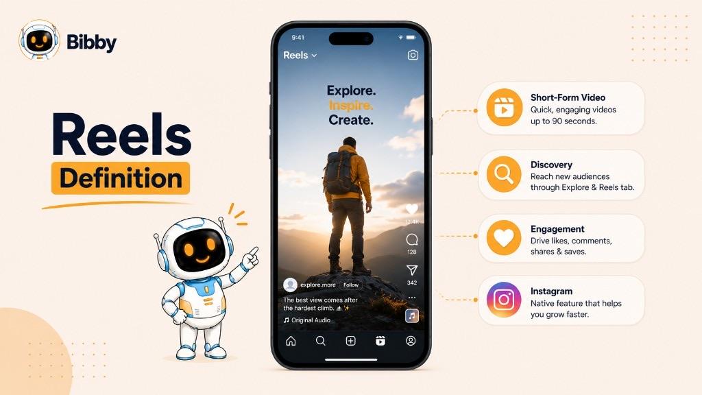 Infographic titled Reels Definition showing a phone playing a vertical Reel with four callouts: short-form video, discovery through Explore and the Reels tab, engagement through likes, comments, shares and saves, and Instagram as the native home of the format. The duration shown is an example.