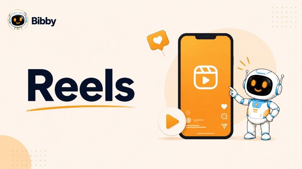 Bibby robot pointing at a phone showing the Instagram Reels icon with like, comment, and share icons, beside the title Reels.