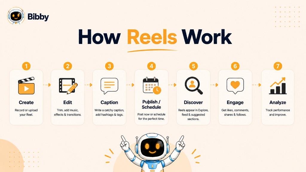 Seven-step diagram titled How Reels Work: create by recording or uploading, edit with music and transitions, write a caption, publish or schedule, get discovered in Explore and the feed, earn engagement, then analyze performance and improve.