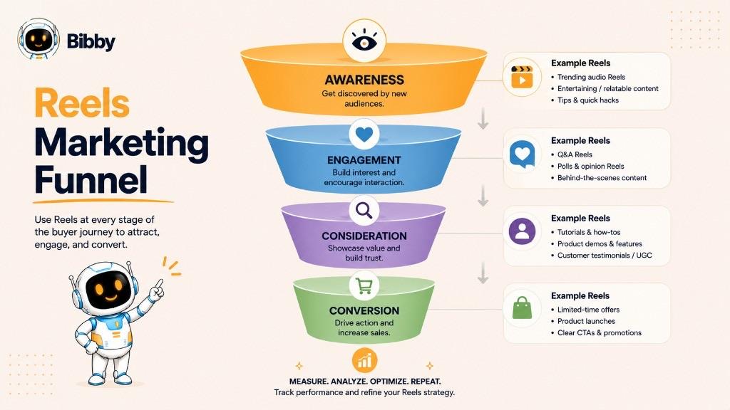 Funnel infographic titled Reels Marketing Funnel with four stages and example Reels for each: awareness with trending audio and quick tips, engagement with Q&A and behind-the-scenes content, consideration with tutorials, demos and testimonials, and conversion with launches, offers and clear calls to action.